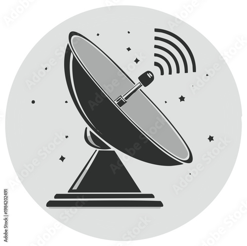 Satellite dish sending signals into space with stars in the background, a technological symbol.