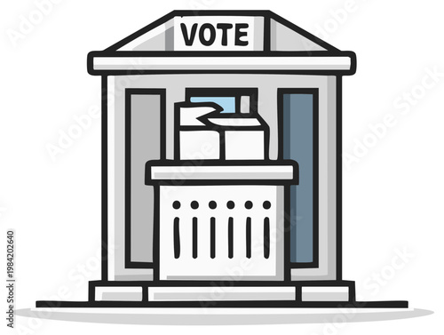 Voting booth illustration with ballots, election polling place icon for democracy, civic duty, and government process.
