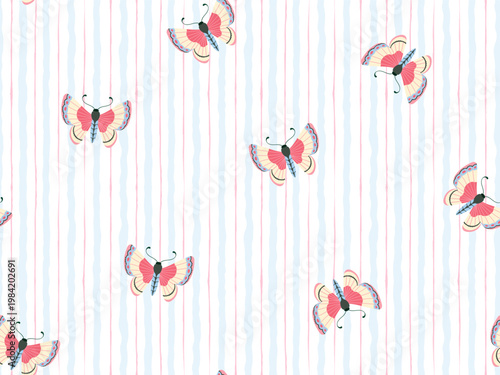 Seamless pattern with colorful butterflies on soft blue striped background. Playful light textile design for bed linen, nursery fabric, baby products, kids room decor, wallpaper Cheerful vector design