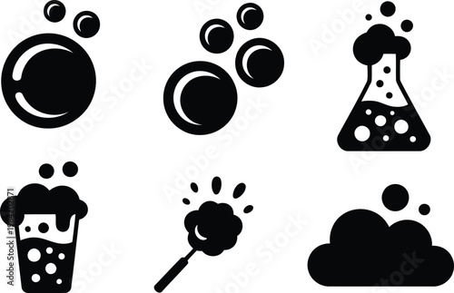 Black and white bubbles and chemical flask icons set