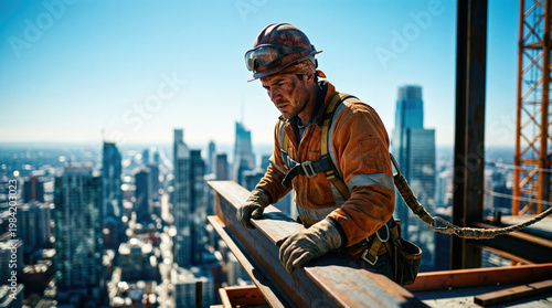 Determined Construction Worker on Steel Beam High Above City Skyline with Bright Blue Sky and Urban Landscape