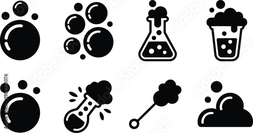 Black and white vector icons of bubbles beakers and chemical reactions