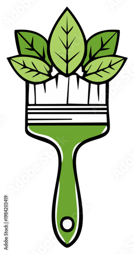Paintbrush with green leaves for an environmentally conscious design concept