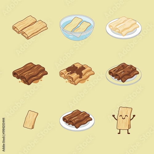 Set of vector cartoon illustrations of dry and prepared tofu skin or bean curd, including plain, soaked, and seasoned rolls on a light yellow background.