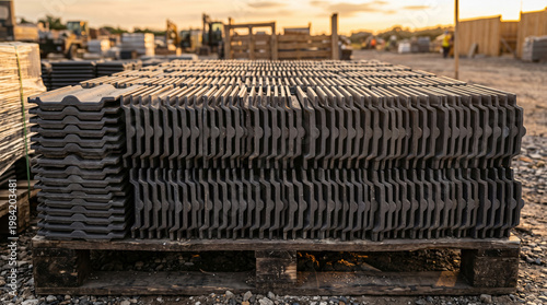 Stacked Industrial Mats on Wooden Pallet in Construction Site at Sunset