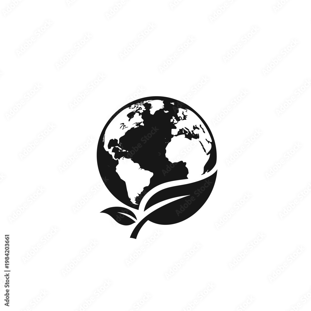 Obraz premium Earth globe with leaf icon, eco friendly concept, minimal line art vector, clean design, isolated on white background