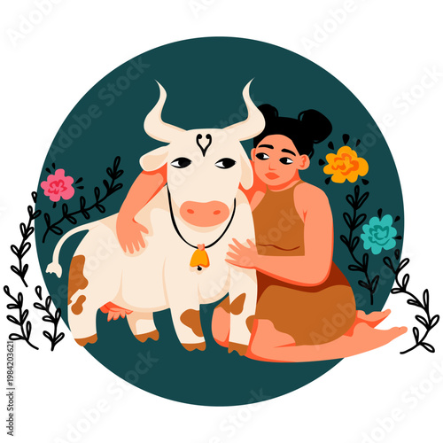 Taurus zodiac sign with ornament of plants and roses in circle. Woman is sitting. Cow with a bell. Horoscope, astrology. Vector