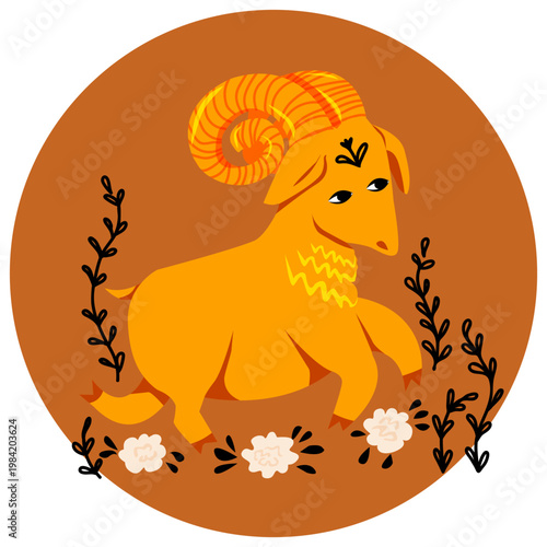 Aries zodiac sign with ornament of plants and roses  in circle. Horoscope, astrology. Vector illustration