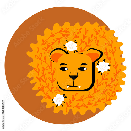 Leo zodiac sign with ornament of plants and roses in circle. Head of Lion with mane. Horoscope, astrology. Vector illustration