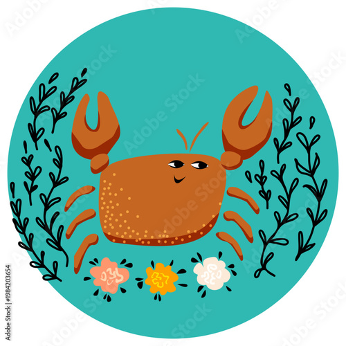 Cancer zodiac sign with ornament of plants and roses in the circle. Crab. Horoscope, astrology. Vector illustration