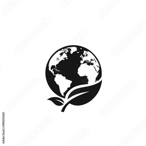 Earth globe with leaf icon, eco friendly concept, minimal line art vector, clean design, isolated on white background