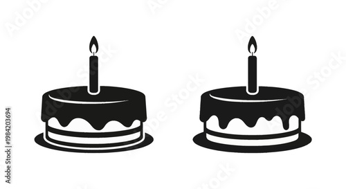Black and white vector illustrations of two identical birthday cakes with a single lit candle on top, featuring frosting drips and a layered cake base on a plain white background.