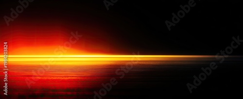 A striking abstract image depicts a fiery horizon over a dark, reflective surface.