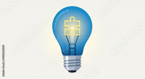 A blue light bulb with a puzzle piece inside glowing brightly on a plain background with studio ligh