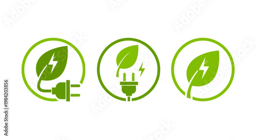 Set of three green icons representing renewable energy, sustainability, and eco-friendly power sources with leaf and lightning bolt motifs