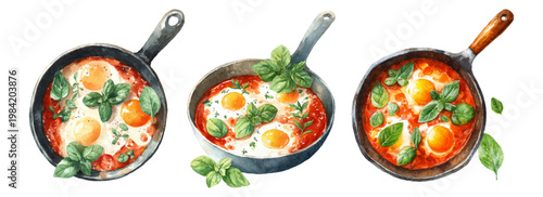 Shakshuka food watercolor illustration showing three cast iron pans with perfectly cooked eggs poached in spicy tomato sauce, garnished with fresh basil leaves