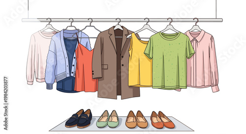 Arranged collection of women's clothing and footwear displayed neatly on hangers and a shelf