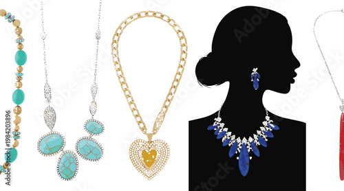 Luxury Necklace and Earrings Collection Featuring Turquoise Stones, Gold Heart Pendant, Blue Crystal Statement Set, and Elegant Jewelry Designs for Fashion Styling