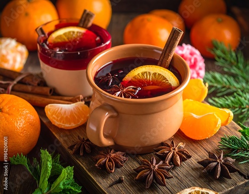 Spiced mulled wine in rustic mugs with orange slices, cinnamon sticks, and star anise on wood