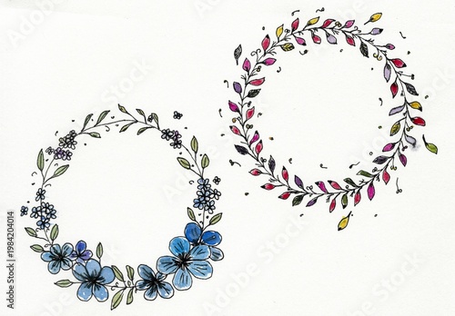 Hand drawn watercolor floral wreaths ink illustration set scan art