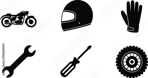Motorcycle equipment and tools icon set in black and white
