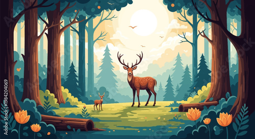 Flat vector illustration of a deer stag with antlers and a young fawn standing in a forest clearing with stylized trees, orange flowers, wooden logs, and a large bright sun.