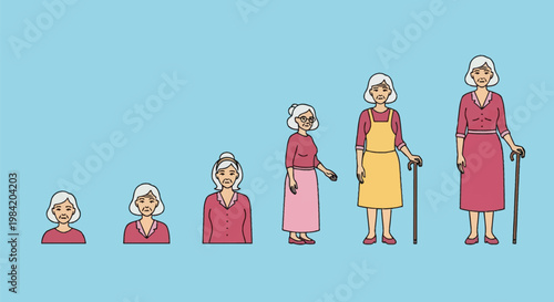 Flat vector illustration depicting the aging progression of an elderly woman in six distinct stages, from early seniority to old age with a walking cane, isolated on blue background.