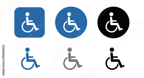 Collection of wheelchair accessibility icons in various shapes and colors for diverse design needs