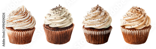 Chocolate cupcakes arranged in a row, topped with creamy vanilla frosting and cookie crumb sprinkles, creating a tempting display of sweet baked treats