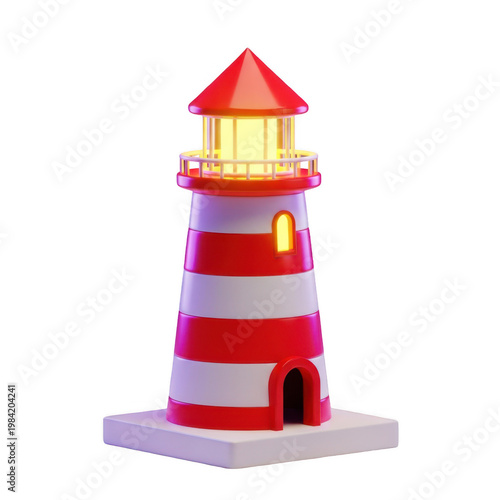 3d rendered colorful lighthouse with red and white stripes and a shining light