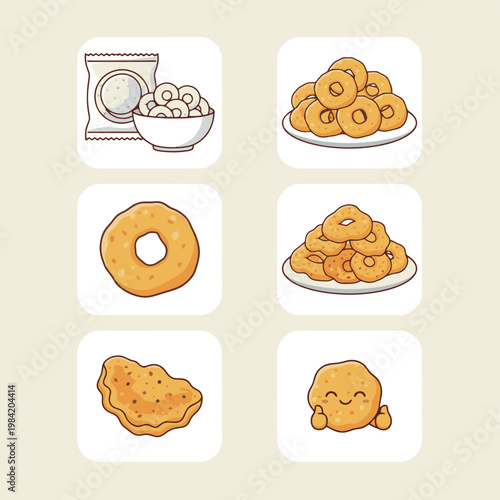 Comprehensive collection of vector illustrations detailing different forms of dry and prepared dough, including sheets, piles, rings, and a charming character with a bowl.
