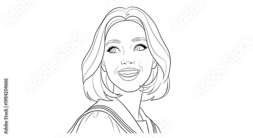 Line Art Portrait of a Young Woman with Bob Haircut.