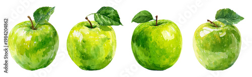 Green apples array with fresh leaves painted in vibrant watercolor style, depicting healthy eating, organic food, and natural freshness on a clean white background