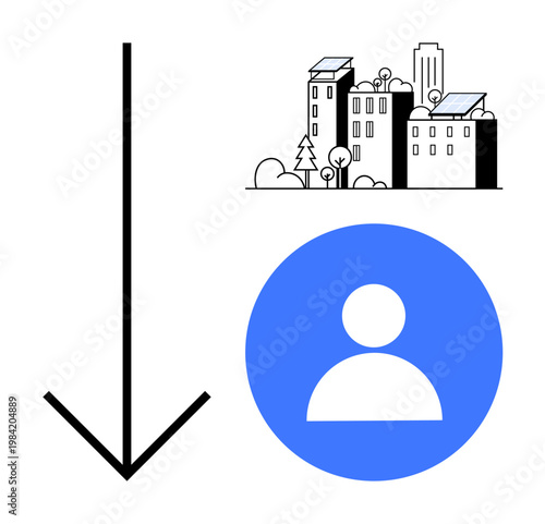 Urban planning, renewable energy, navigation, user interface, eco-friendly technology, and design. ion of solar-powered buildings, arrow and person icon. Renewable energy and navigation concept