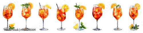 Bright horizontal banner of aperol spritz cocktails in wine glasses with ice, orange slices and mint leaves, watercolor illustration evoking refreshing summer aperitif vibes