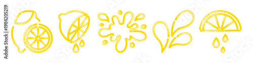 Lemon elements set with slices, wedges and juice drops. Hand drawn marker outline with textured strokes and splash shapes. Fresh citrus concept in childlike doodle style. 