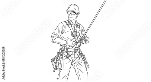 Line Drawing of a Construction Worker with Safety Harness and Tool Belt.