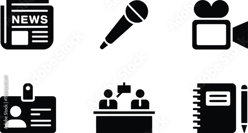 Media and communication icons set news interviews and reporting