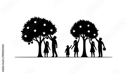 Family fruit picking silhouette icon vector community park harvest illustration