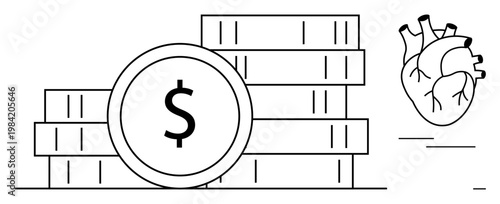 Finance, healthcare, investment, economy, cost analysis, wellness. Coin stacks with a dollar symbol next to a human anatomical heart. Finance and healthcare intertwining as key concepts