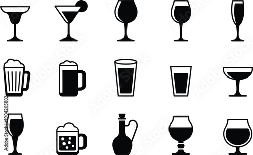 Variety of drinkware silhouettes glasses mugs and bottles collection