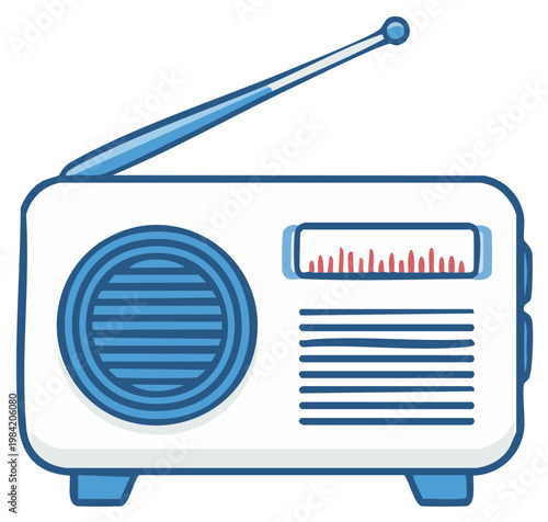 Simple blue and white cartoon illustration of a vintage portable radio receiver with an antenna