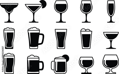 Variety of drinkware icons cocktails beer wine glasses in black and white