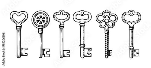 Collection of antique skeleton keys with ornate handles and detailed shafts in black and white