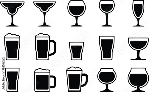 Collection of black silhouette drinkware icons glasses mugs and cocktail vessels
