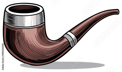 Illustration of a classic smoking pipe with wood grain and metallic accents for tobacco use