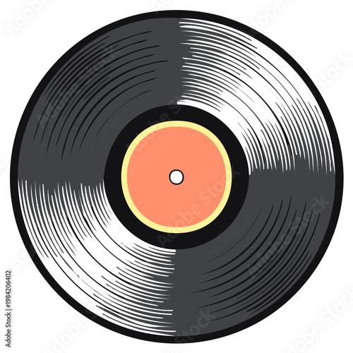 Retro vinyl record with orange label and black grooves for music playback