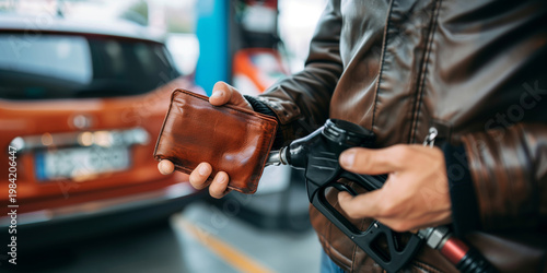 Close up of a man holding a wallet at a gas station, illustrating rising fuel prices, consumer budget pressure, refueling expenses, and the financial impact of higher transportation costs