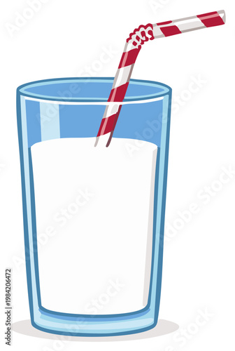 Cartoon Glass of Milk with Striped Straw Illustration for Healthy Drink Concept Art