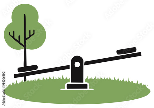Playground scene with seesaw, tree, and grass in simple illustration.